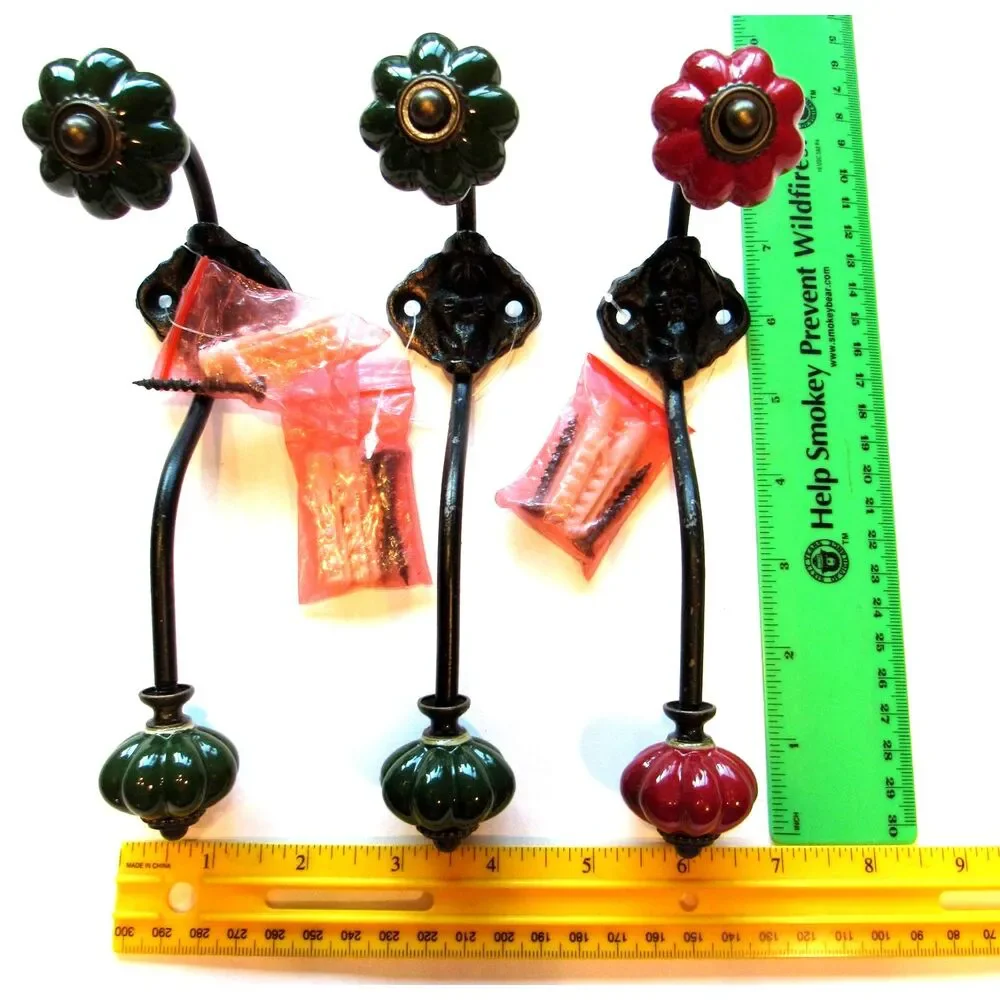 Metal hangers 3 wall hooks beautiful design green red melon ceramic knob 6-3/4in